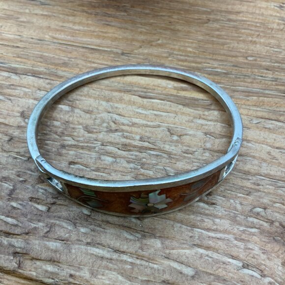 Alpaca Mexico Burnt Orange Silver Mother of Pearl Flower Bangle Hinged Bracelet - Picture 2 of 7